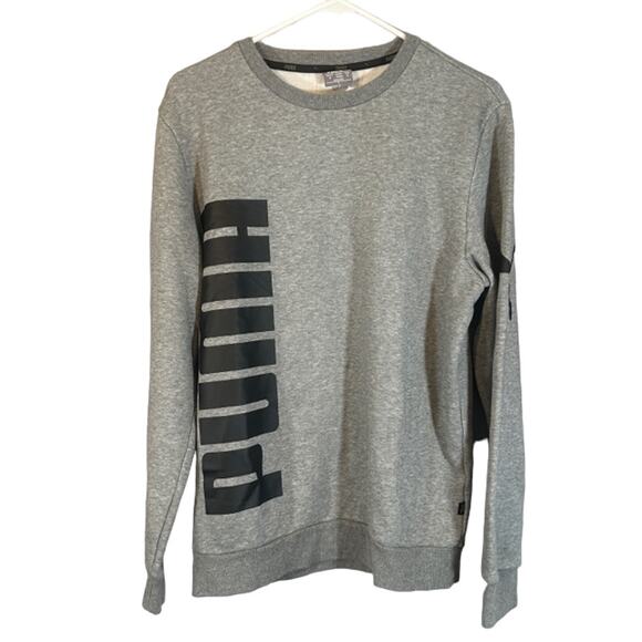 Puma Gray Logo Front Long Sleeve Puma Cat Pullover Casual Sweatshirt Men Sz M - Picture 1 of 9